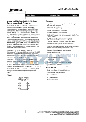 ISL9103AIRUBZ-T datasheet - 500mA 2.4MHz Low IQ High Efficiency Synchronous Buck Converter