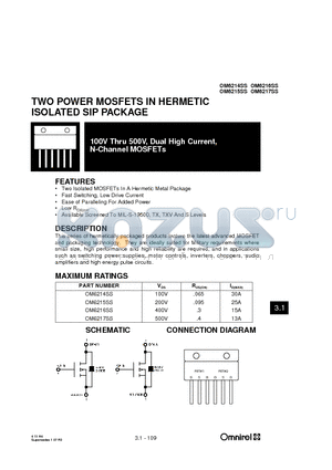 OM6214SS datasheet - TWO POWER MOSFETS IN HERMETIC ISOLATED SIP PACKAGE