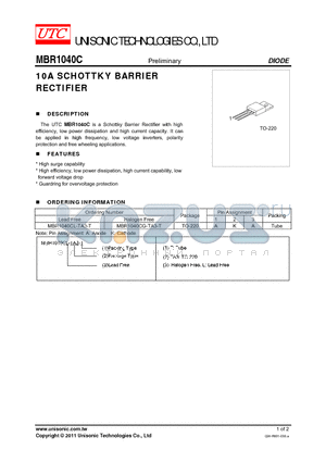 MBR1040CL-TA3-T datasheet - 10A SCHOTTKY BARRIER RECTIFIER