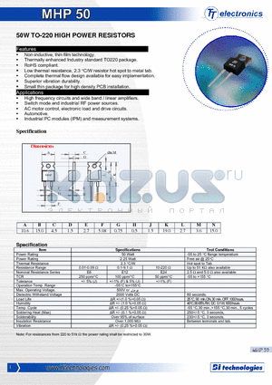 MHP500R100F datasheet - 50W TO-220 HIGH POWER RESISTORS