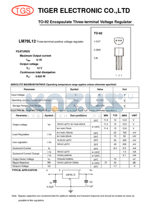 LM78L12 datasheet - TO-92 Encapsulate Three-terminal Voltage Regulator