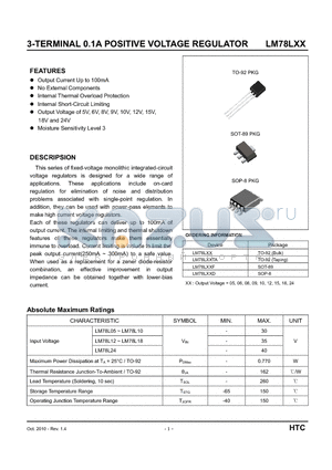 LM78L10TA datasheet - 3-TERMINAL 0.1A POSITIVE VOLTAGE REGULATOR