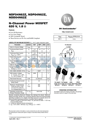 NDF04N62ZG datasheet - N-Channel Power MOSFET 620 V, 1.8 