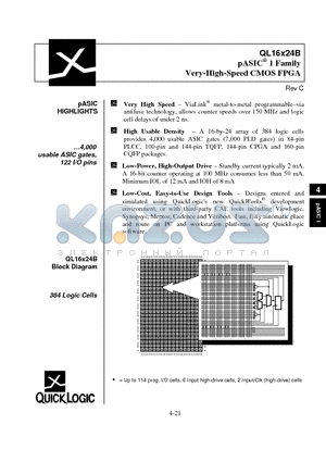 QL16X24B-2PF100C datasheet - pASIC 1 Family Very-High-Speed CMOS FPGA