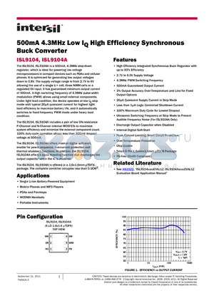 ISL9104 datasheet - 500mA 4.3MHz Low IQ High Efficiency Synchronous