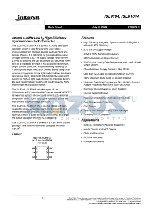 ISL9104IRUJZ-T datasheet - 500mA 4.3MHz Low IQ High Efficiency Synchronous Buck Converter