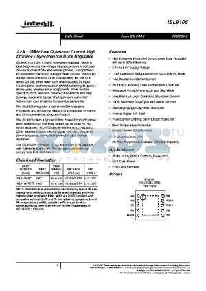ISL9106 datasheet - 1.2A 1.6MHz Low Quiescent Current High Efficiency Synchronous Buck Regulator