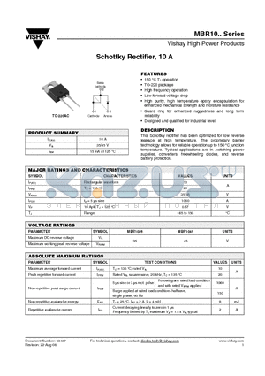 MBR1045 datasheet - Schottky Rectifier, 10 A