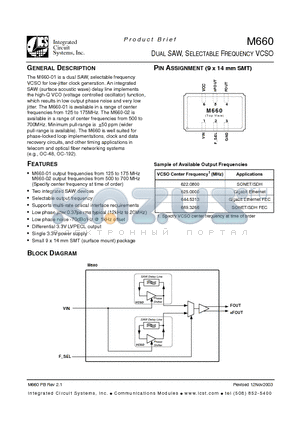 M660 datasheet - DUAL SAW, SELECTABLE FREQUENCY VCSO