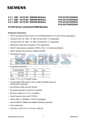 HYS72V32220GU-8B datasheet - 3.3 V 16M x 64/72-Bit SDRAM Modules 3.3 V 32M x 64/72-Bit SDRAM Modules 3.3 V 64M x 64/72-Bit SDRAM Modules