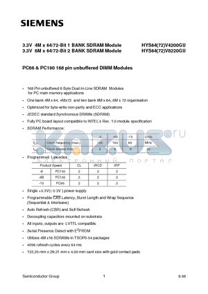 HYS72V4200GU-10 datasheet - 3.3V 4M x 64/72-Bit 1 BANK SDRAM Module 3.3V 8M x 64/72-Bit 2 BANK SDRAM Module
