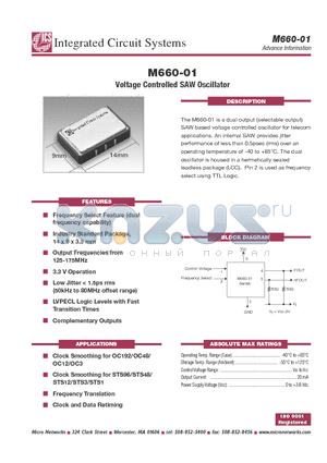 M660-01-BB datasheet - Voltage Controlled SAW Oscillator