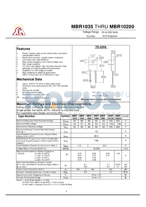 MBR1045 datasheet - Voltage Range 35 to 200 Volts Current 10.0 Amperes