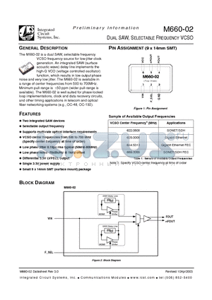 M660-02-AE datasheet - DUAL SAW, SELECTABLE FREQUENCY VCSO