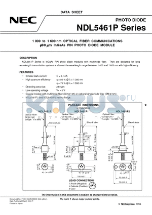 NDL5405L datasheet - 1 000 to 1 600 nm OPTICAL FIBER COMMUNICATIONS 80 mm InGaAs PIN PHOTO DIODE MODULE