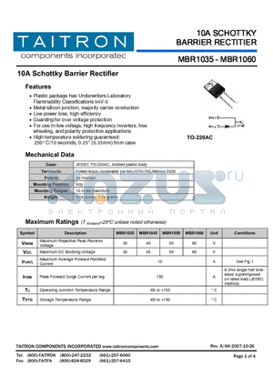 MBR1050 datasheet - 10A Schottky Barrier Rectifier