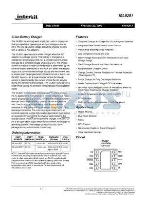 ISL9201IRZ-T datasheet - Li-ion Battery Charger
