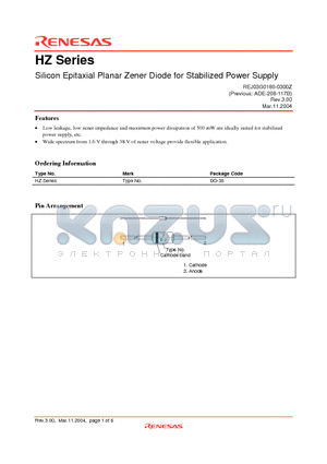 HZ11B3 datasheet - Silicon Epitaxial Planar Zener Diode for Stabilized Power Supply