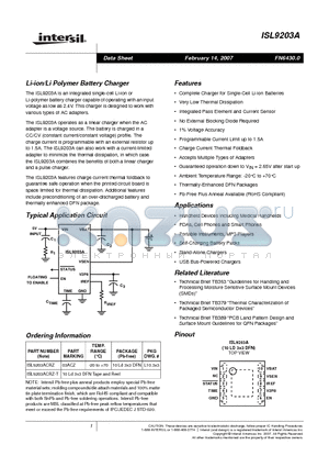 ISL9203ACRZ datasheet - Li-ion/Li Polymer Battery Charger