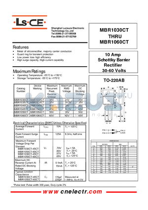 MBR1050CT datasheet - 10Amp schottky barrier rectifier 30-60volts