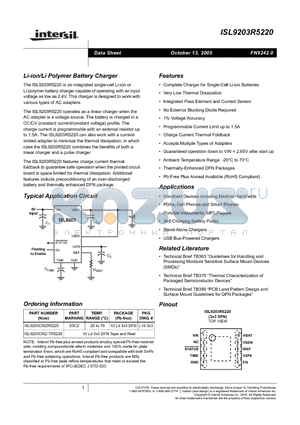 ISL9203CRZR5220 datasheet - Li-ion/Li Polymer Battery Charger