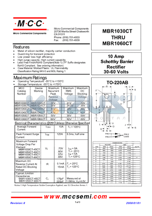 MBR1050CT datasheet - 10 Amp Schott ky Barrier Rectifier 30-60 Volts