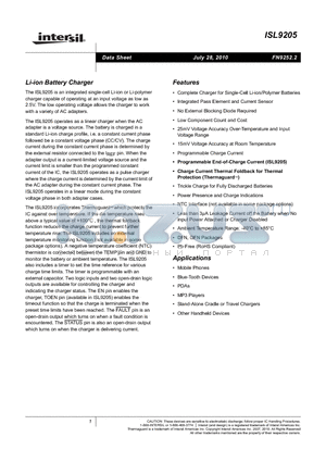 ISL9205 datasheet - Li-ion Battery Charger