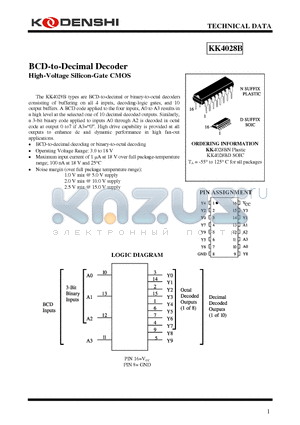 KK4028B datasheet - BCD-to-Decimal Decoder High-Voltage Silicon-Gate CMOS