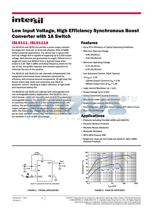 ISL9111EH50Z-T7A datasheet - Low Input Voltage, High Efficiency Synchronous Boost Converter with 1A Switch