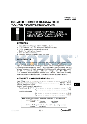 OM7900SR datasheet - ISOLATED HERMETIC TO-257AA FIXED VOLTAGE NEGATIVE REGULATORS