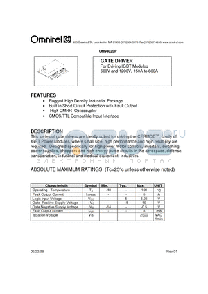 OM9402 datasheet - GATE DRIVER For Driving IGBT Modules 600V and 1200V, 150A to 600A