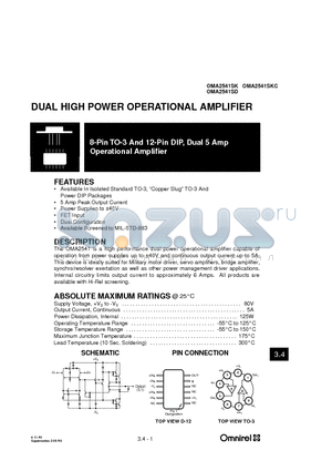 OMA2541SD datasheet - DUAL HIGH POWER OPERATIONAL AMPLIFIER