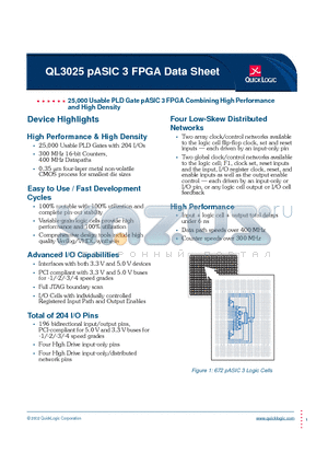 QL30253PB256M datasheet - 25,000 Usable PLD Gate pASIC 3 FPGA Combining High Performance and High Density