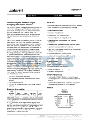 ISL9214A datasheet - Li-ion/Li-Polymer Battery Charger Accepting Two Power Sources