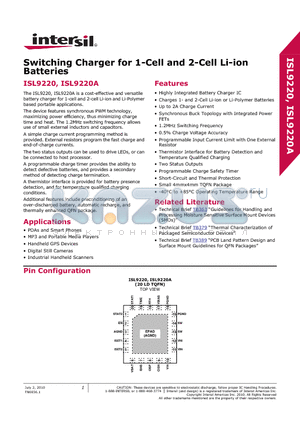 ISL9220EVAL1Z datasheet - Switching Charger for 1-Cell and 2-Cell Li-ion Batteries