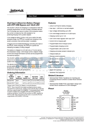 ISL9221 datasheet - Dual Input Lithium Ion Battery Charger with OVP USB Bypass and 10mA LDO