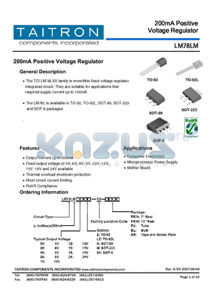 LM78LM09H-XX-TU datasheet - 200mA Positive Voltage Regulator