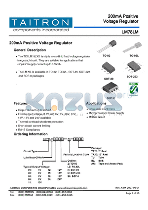 LM78LM09LZ-XX-BL datasheet - 200mA Positive Voltage Regulator