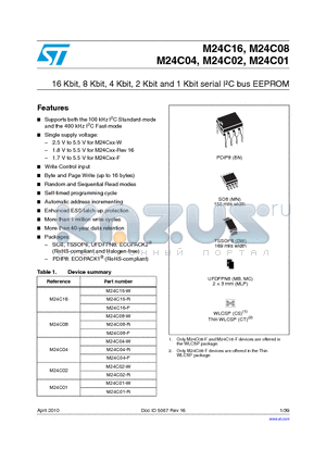 M24C01-FDW3TP/S datasheet - 16 Kbit, 8 Kbit, 4 Kbit, 2 Kbit and 1 Kbit serial IbC bus EEPROM