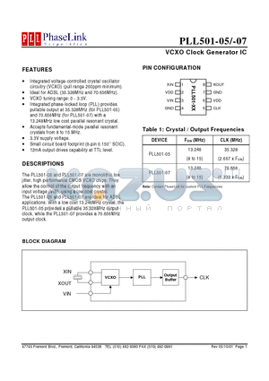PLL501-07SI datasheet - VCXO Clock Generator IC