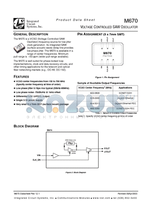 M670 datasheet - VOLTAGE CONTROLLED SAW OSCILLATOR