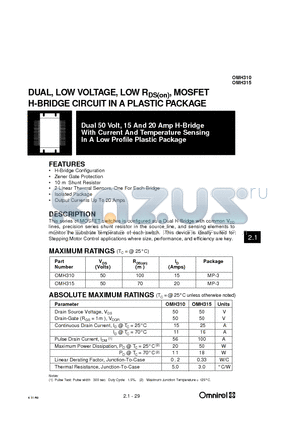 OMH310 datasheet - DUAL, LOW VOLTAGE, LOW RDS(on), MOSFET H-BRIDGE CIRCUIT IN A PLASTIC PACKAGE