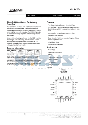 ISL94201IRZ datasheet - Multi-Cell Li-ion Battery Pack Analog Front-End