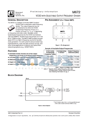 M672-2-BA datasheet - VCSO WITH SELECTABLE OUTPUT FREQUENCY DIVIDER