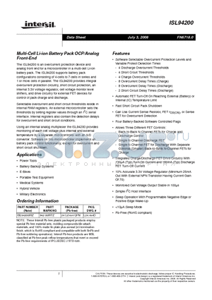 ISL94200 datasheet - Multi-Cell Li-ion Battery Pack OCP/Analog Front-End