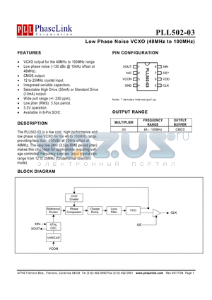 PLL502-03SC-R datasheet - Low Phase Noise VCXO (48MHz to 100MHz)