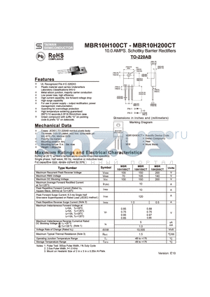 MBR10H100CT datasheet - 10.0 AMPS. Schottky Barrier Rectifiers