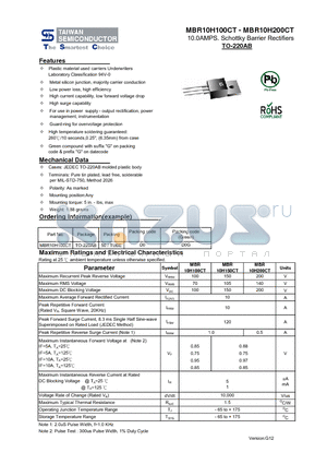 MBR10H100CT datasheet - 10.0AMPS. Schottky Barrier Rectifiers Low power loss, high efficiency