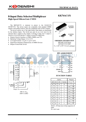 KK74AC151 datasheet - 8-Input Data Selector/Multiplexer High-Speed Silicon-Gate CMOS