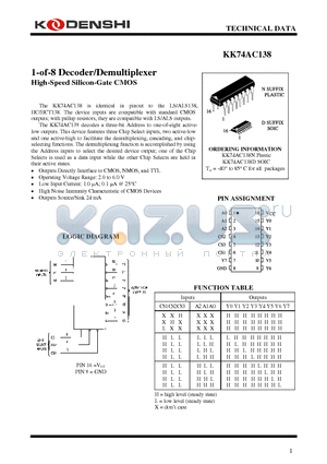 KK74AC138 datasheet - 1-of-8 Decoder/Demultiplexer High-Speed Silicon-Gate CMOS